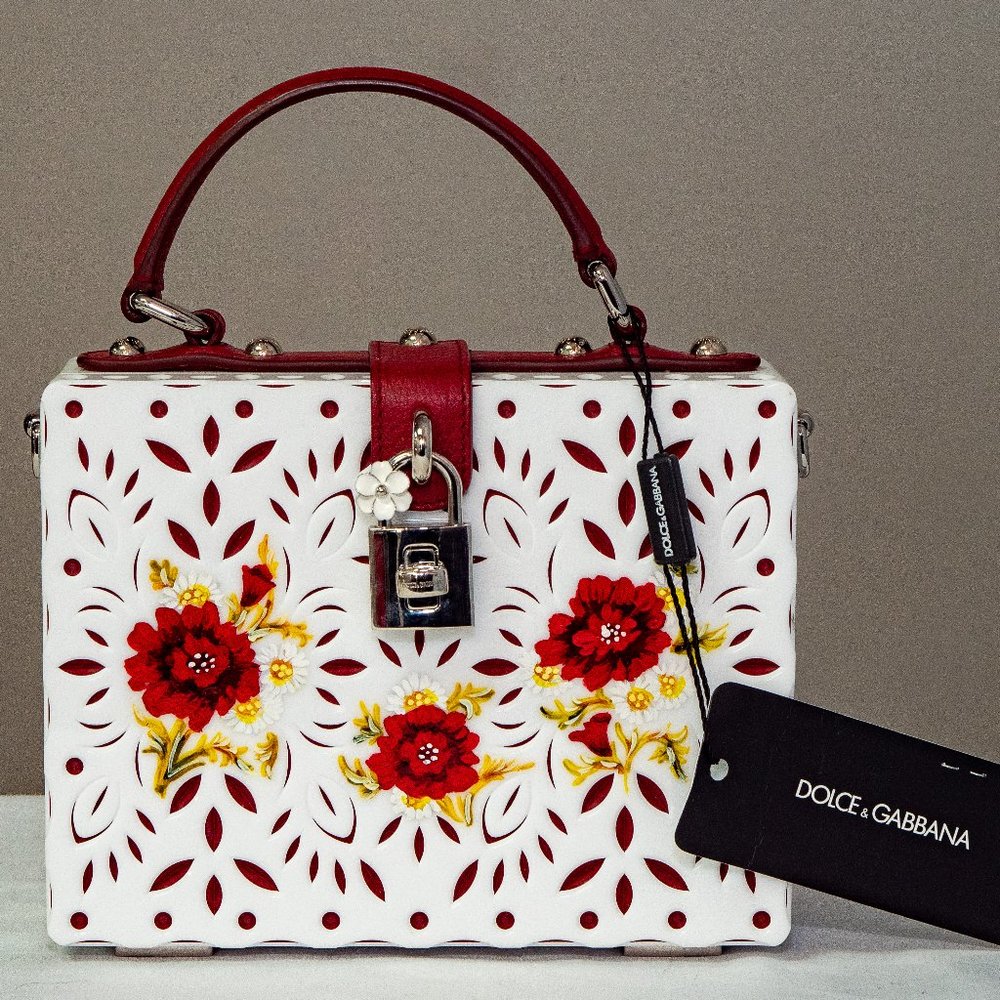 DOLCE & GABBANA Hand Painted Poppy Chamomile Plexi DOLCE BOX Bag White Red